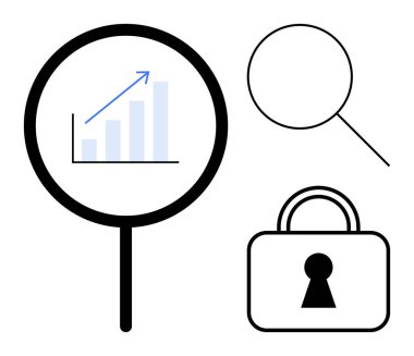 Çubuk grafikli büyüteç, düz büyüteç ve kilit delikli asma kilit. Ticari büyüme, veri analizi, siber güvenlik, gizlilik koruması, piyasa araştırması, güvenlik çözümleri için ideal