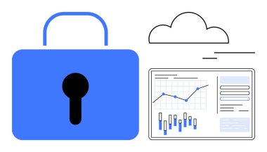 Bulut ve analitik gösterge panelinin yanındaki veri güvenliğini simgeleyen mavi asma kilit grafikler ve çizelgeler içeriyor. Siber güvenlik, veri koruması, bulut hizmetleri, iş analizleri ve teknoloji için ideal