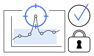 Veri doğruluğu, doğruluğu ve güvenliği vurgulayan düğüm ve hedef işaretli çizgi grafiği, işaret ve kilit simgesi. Veri analizi, güvenlik, iş, finans teknolojisi ve doğruluk için ideal