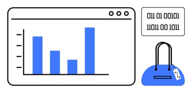 Ekranda ikili kod ve fiyat etiketli bir el çantası ile gösterilen çubuk çizelgesi. Veri analizi, e-ticaret anlayışları, çevrimiçi alışveriş eğilimleri, perakende analizleri, piyasa araştırmaları, mali bilgiler için ideal