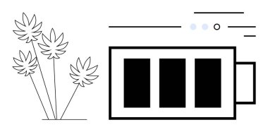 Üç siyah çubuklu basitleştirilmiş pil simgesi, bitişik bitki elementleri, soyut çizgiler ve noktalar. Çevre dostu kavramlar, yenilenebilir enerji, sürdürülebilirlik, teknoloji ve çevre için ideal