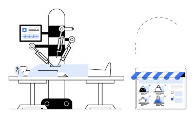 Tıbbi ürünler ve hizmetler için bitişik çevrimiçi mağaza arayüzü olan hastaya ameliyat yapan robotik silahlar. Sağlık, teknoloji, yenilik, ameliyat, tıbbi cihazlar, çevrimiçi perakende için ideal
