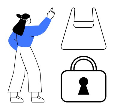 Woman pointing upward with left hand wears blue top and white pants, next to outline of a shopping bag and a lock. Ideal for security, online shopping, e-commerce, privacy, safety, technology clipart