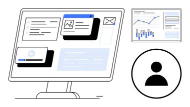 Çeşitli uygulama pencerelerini gösteren bilgisayar ekranı, grafikleri gösteren bir tablet ve bir kullanıcı profili simgesi. İş için ideal, analitik, içerik oluşturma, proje yönetimi, verimlilik, uzaktan çalışma. Çizgi