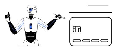 Robotik figür dijital kredi kartı arayüzünü kullanıyor, elinde kalem var. Finans teknolojisi, otomasyon, yapay zeka, dijital ödemeler, siber güvenlik, gelecekteki yenilikler için ideal. Satır metaforu