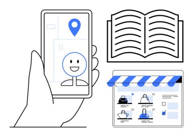 Elinde harita, yer kodu, açık kitap ve çevrimiçi mağaza arayüzü olan bir akıllı telefon var. Teknoloji, dijital okur yazarlık, navigasyon, alışveriş, eğitim, e-ticaret ve bilgi için ideal