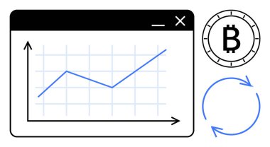 Çizgi grafik yukarı doğru eğilimi, Bitcoin sembolünü ve ikonu yenile. Mali analiz, kripto para birimi piyasaları, iş büyümesi, yatırım stratejileri, ekonomik tahminler, dijital para birimi