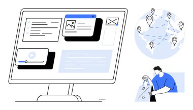 Masaüstü monitöründe e-ticaret platformu arayüzü, lokasyon iğneli küresel harita, alışveriş torbalarıyla tatmin olmuş müşteri. Çevrimiçi alışveriş için ideal, küresel pazar, kullanıcı arayüzü tasarımı, müşteri