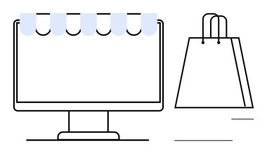 Alışveriş çantasının yanına tente yerleştirilmiş bilgisayar monitörü. E-ticaret, çevrimiçi ticaret, dijital perakende, sanal mağaza, internet satışları, web mağazası önü ve elektronik ticaret için ideal. Satır metaforu