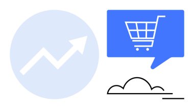 Mavi bir çemberin içindeki büyüme çizelgesi alışveriş arabası ikonu ve siyah bulutlu mavi bir sohbet baloncuğunun yanında. E-ticaret, çevrimiçi ticaret, dijital pazarlama, bulut hesaplama, ekonomik büyüme için ideal