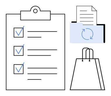 Not panosunda işaretlenmiş ögeler, klasöründe ok olan belgeler ve boş bir alışveriş çantası olan kontrol listesi. Üretkenlik, organizasyon, görev yönetimi, ofis iş akışı, belge işleme için ideal
