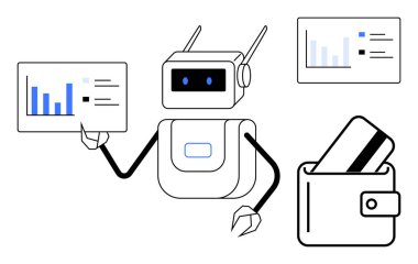 Robot, mali verileri grafiklerle, cüzdanı da kredi kartıyla sunuyor. Finans teknolojisi, bankacılık, yapay zeka analizleri, dijital ödemeler, gelecekteki teknoloji sunumları, fintech girişimleri için ideal