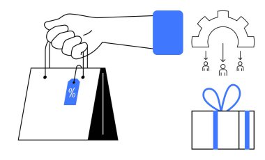 İndirim etiketli el çantası, dağıtım şeması ve mavi kurdeleye sarılı hediye kutusu. E-ticaret, perakende, pazarlama, tüketici davranışı, promosyonlar, çevrimiçi alışveriş için ideal