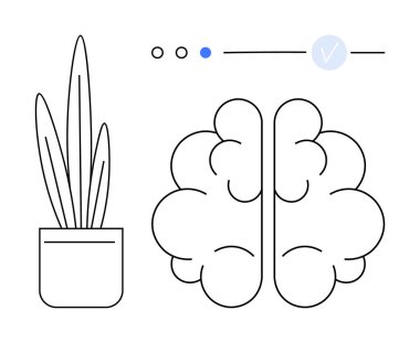 Potted plant next to a brain icon, accompanied by three circular interface elements with a check mark. Ideal for productivity, mental health, mindfulness, growth, wellbeing, technology, creativity clipart