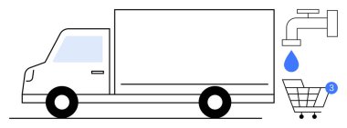 İçinde üç eşya bulunan alışveriş arabasının yanında musluk ve su damlası olan büyük bir teslimat kamyonu. Lojistik, e-ticaret, dağıtım hizmetleri, su tedariği, bildirimler, perakende, ticaret için ideal