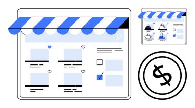 Mavi çizgili tepe örtüsü altında e-ticaret web sitesi ürün listeleri, kalp simgeleri ve bir dolar işareti. Çevrimiçi alışveriş, dijital pazarlama, e-ticaret platformları, web tasarımı, mağazalar için ideal