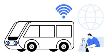 Kablosuz sembollü otonom elektrikli otobüs, küresel harita, bilet taraması yapan yolcu. Toplu taşıma, akıllı şehir projeleri, teknoloji entegrasyonu, bağlantı, dijital girişimler için ideal