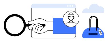 Büyüteç, web sayfası tutan bir el, bir kişinin profili ve bir el çantası. E-ticaret, ürün araması, çevrimiçi alışveriş, tüketici analizi, piyasa araştırması perakende sektörü İnternet için ideal