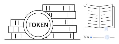 Cryptocurrency tokens labeled TOKEN stacked next to an open book and navigation dots. Ideal for finance, digital currency, blockchain, investment, education, technology, and cryptocurrency. Line clipart