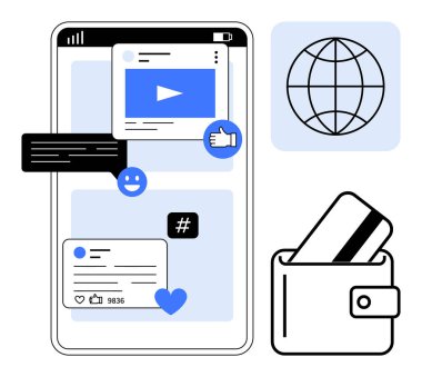 Başparmaklar, yorumlar ve üstveri etiketleri de dahil olmak üzere çeşitli sosyal medya bildirimleri içeren büyük bir akıllı telefon ekranı. Küre sembolü, kredi kartlı cüzdan. Dijital iletişim ve sosyal iletişim için ideal