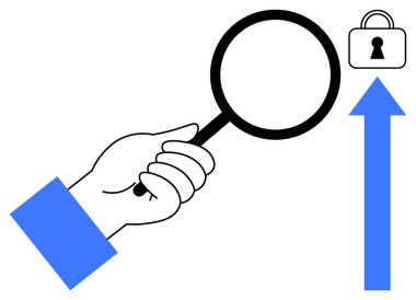 Kilit ve oka doğrultulmuş büyüteç. Güvenlik, analiz, soruşturma, veri koruması, gizlilik, araştırma ve inceleme için ideal. Satır metaforu