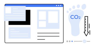 Web interface layout with overlaid widgets, carbon footprint icon, CO2 text, and thermometer indicating reduction. Ideal for environmental awareness, sustainability, eco-friendly practices, carbon clipart