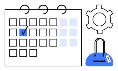 İşaretli tarihli takvim, vites sembolü ve etiketli alışveriş çantası. Organizasyon, programlama, alışveriş yönetimi, verimlilik, planlama etkinlikleri zaman yönetimi ve hedef belirleme için idealdir. Çizgi