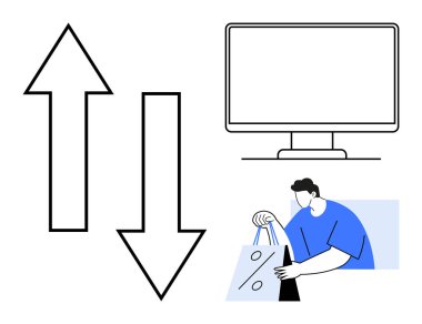 Yukarı aşağı oklar, bir bilgisayar monitörü ve alışveriş torbaları tutan biri. E-ticaret, çevrimiçi alışveriş, mali eğilimler, piyasa analizi, perakende satış, tüketici davranışı dijital pazarlama için ideal