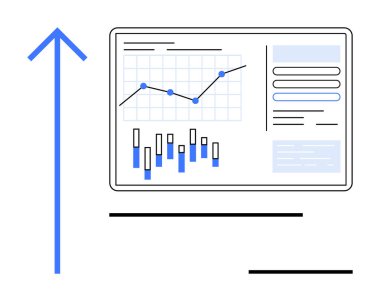 Grafikler ve grafikler yukarı doğru oklu bir dijital torpido gözünde. Ticari büyüme, veri analizi, mali raporlar, pazar eğilimleri, performans değerlendirmesi, strateji planlaması, yatırım izleme için ideal