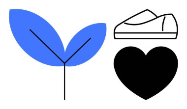 Siyah saplı mavi yaprak, çizgili ayakkabı ve katı siyah kalp. Çevre dostu tasarımlar, ayakkabı markalaşması, aşk temalı projeler, sağlık kampanyaları, doğayla ilgili grafikler, minimalist sanatlar için ideal.