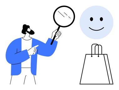 Elinde büyüteç tutan bir iş adamı, alışveriş çantasının yanındaki mutlu yüzü işaret ediyor. Müşteri memnuniyeti, piyasa araştırması, e-ticaret, perakende değerlendirme, iş analizi, alışveriş için ideal