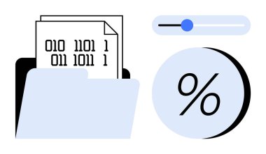 İkili kodlu mavi klasör, yüzde sembolü ve yatay kaydırma çubuğuna bitişik. Veri yönetimi, kodlama, dosya organizasyonu, programlama, teknoloji kavramları, analitik için ideal