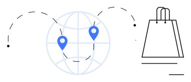 Mavi işaretli dünya haritası ve onları alışveriş çantasına bağlayan noktalı yollar. Çevrimiçi perakende satış, küresel ticaret, lojistik, dijital pazarlama, dağıtım hizmetleri, e-ticaret için ideal