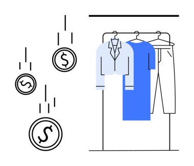 Askıda asılı duran elbiseler içinde moda yatırımını gösteren, düşen bozuk paralar, elbise ve pantolon da var. Perakende, finans, ekonomi, pazarlama, e-ticaret, moda için ideal