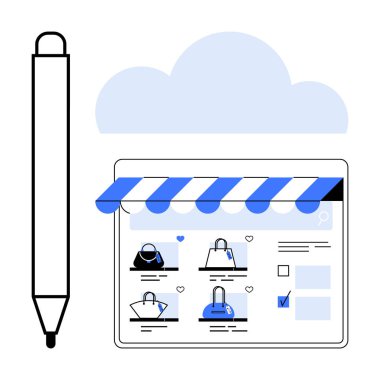 Stylus kalem ve bulut depolama ikonu ile çevrimiçi alışveriş için el çantası seçeneklerini gösteren tablet. E-ticaret, dijital pazarlama, çevrimiçi perakende, teknolojik çözümler, uzaktan satın alma, kullanıcı arayüzü için ideal