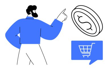 Yakınlarda bir alışveriş arabası ikonu olan bir doları işaret eden adam. E-ticaret, çevrimiçi alışveriş, dijital finans, iş pazarlaması, finansal büyüme, yatırım, kurumsal strateji için ideal. Çizgi