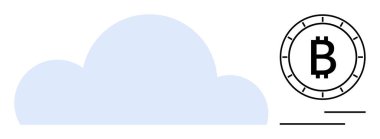 Açık mavi bulut simgesi, saat benzeri bir çemberin içindeki siyah Bitcoin sembolünün yanında. Kripto para birimi, bulut depolama, engelleme teknolojisi, dijital finans, çevrimiçi güvenlik, gelecekteki kavramlar için ideal