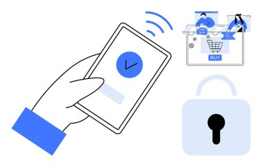 Kontrol işaretli akıllı bir telefon, kullanıcılarla alışveriş arabası grafiği ve kilit simgesi. Mobil güvenlik, dijital ödemeler, çevrimiçi alışveriş, siber güvenlik, e-ticaret, fintech güvenli