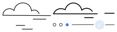 Yatay çizgilerle birbirine bağlı iki stilize bulut, biri mavi üç yüzen nokta eşliğinde. Hava durumu uygulamaları, web siteleri, minimal tasarım temaları, bilgi grafikleri, teknolojik çizimler için ideal