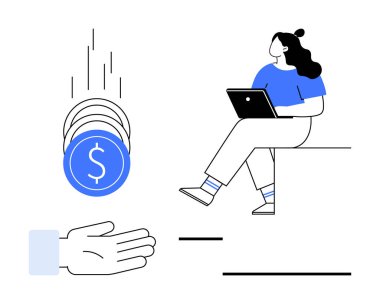 Dizüstü bilgisayarı olan bir kadın figürü. Eline para geçiyor. Finans, pazarlama, iş, teknoloji, eğitim, yatırımlar, girişimcilik hattı metaforu için ideal