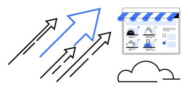Çevrimiçi mağaza önü ürünlerine yöneltilmiş oklar. E-ticaret, büyüme stratejisi, piyasa genişlemesi, çevrimiçi alışveriş, dijital pazarlama, iş büyümesi ve satış artışı için ideal. Çizgi