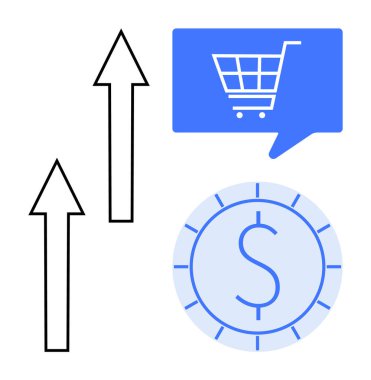 Büyümeyi gösteren siyah oklar, satış için diyalog balonunda mavi alışveriş arabası ve finansal başarı için dolar işaretli mavi para. İş büyümesi, e-ticaret ve pazarlama için ideal