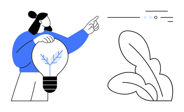 Человек, держащий лампочку с растением внутри, указывающий на минималистские формы. Идеально подходит для инноваций, креативности, неспособности, природы, роста, технологий и концепций презентации. Линейная метафора