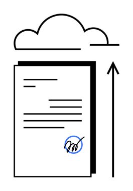 İmzalı oku olan bulut belgesi. Teknoloji, dijital depolama, güvenlik, bulut hesaplama, veri yönetimi, e-imza, çevrimiçi hizmetler için ideal. Satır metaforu