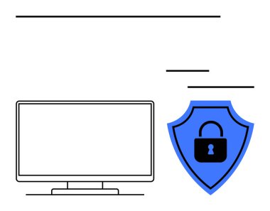 Kilitli mavi bir kalkanın yanındaki bilgisayar monitörü. Siber güvenlik, veri koruması, çevrimiçi gizlilik, bilgi güvenliği, bilişim güvenliği, antivirüs yazılımı, ağ koruma temaları için ideal. Çizgi
