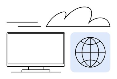 Bulut ve küreyle biçimlendirilmiş monitör bulut hesaplamasını ve interneti simgeler. Teknoloji sunumları, web geliştirme, bulut hizmetleri, internet bağlantısı, dijital pazarlama, bilişim çözümleri için ideal