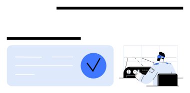 Security guard oversees control panel from a modern dashboard interface featuring check mark approval. Ideal for security, safety management, surveillance, approval processes, authentication, user clipart