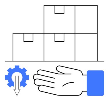 Hand, gear with downward arrow, stacked boxes. Ideal for logistics, supply chain, packaging, storage, automation efficiency productivity. Line metaphor clipart