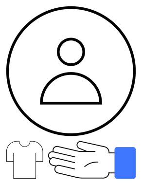 Kullanıcı profilli daire, basit tişört simgesi, mavi kollu uzanmış el. Profil için ideal, kullanıcı kılavuzları, yardım, giyim, müşteri hizmetleri destek arayüzü tasarımı. Satır metaforu
