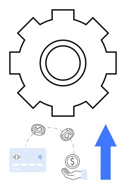 Vites otomasyonu sembolize ediyor. El ele tutuşan bozuk paralar, kredi kartı ve büyüme için yukarı doğru ok. Finans, teknoloji, otomatikleştirilmiş sistemler, finansal planlama, iş optimizasyonu ödemesi için ideal